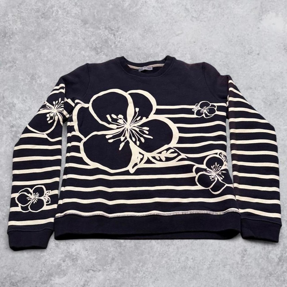 Vintage Pappagallo Blue Floral Striped Sweatshirt Y2K Hawaii Surf Crewneck